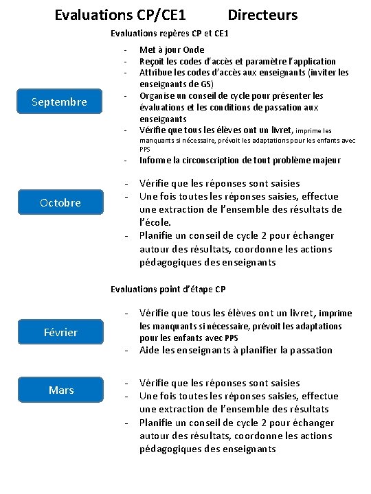 Evaluations CP/CE 1 Directeurs Evaluations repères CP et CE 1 - Septembre Octobre -