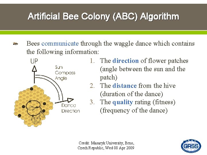 Artificial Bee Colony (ABC) Algorithm Bees communicate through the waggle dance which contains the
