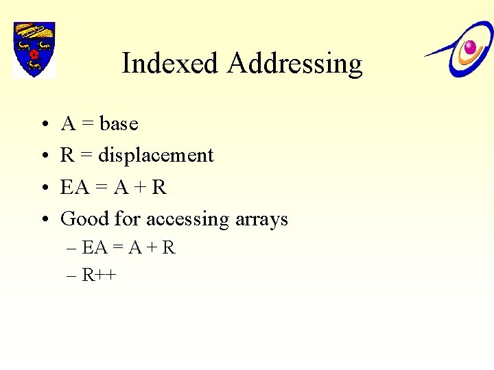 Indexed Addressing • • A = base R = displacement EA = A + Indexed Addressing • • A = base R = displacement EA = A +