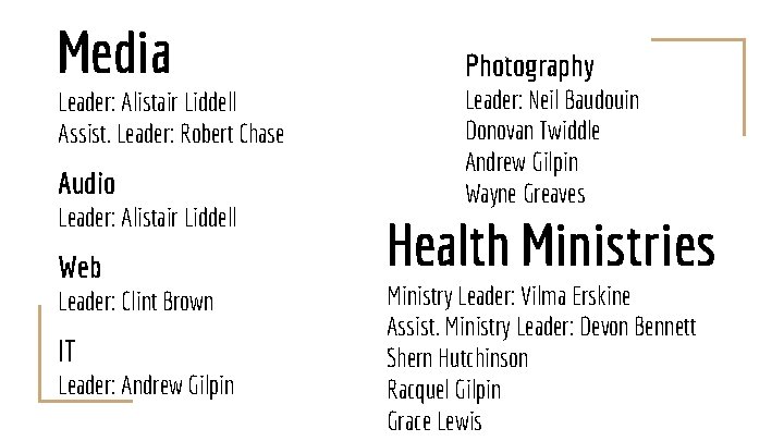 Media Leader: Alistair Liddell Assist. Leader: Robert Chase Audio Leader: Alistair Liddell Web Leader: