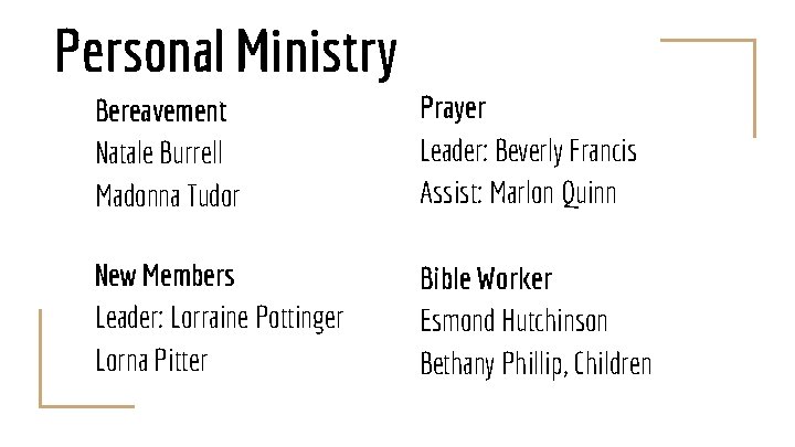 Personal Ministry Bereavement Natale Burrell Madonna Tudor Prayer Leader: Beverly Francis Assist: Marlon Quinn