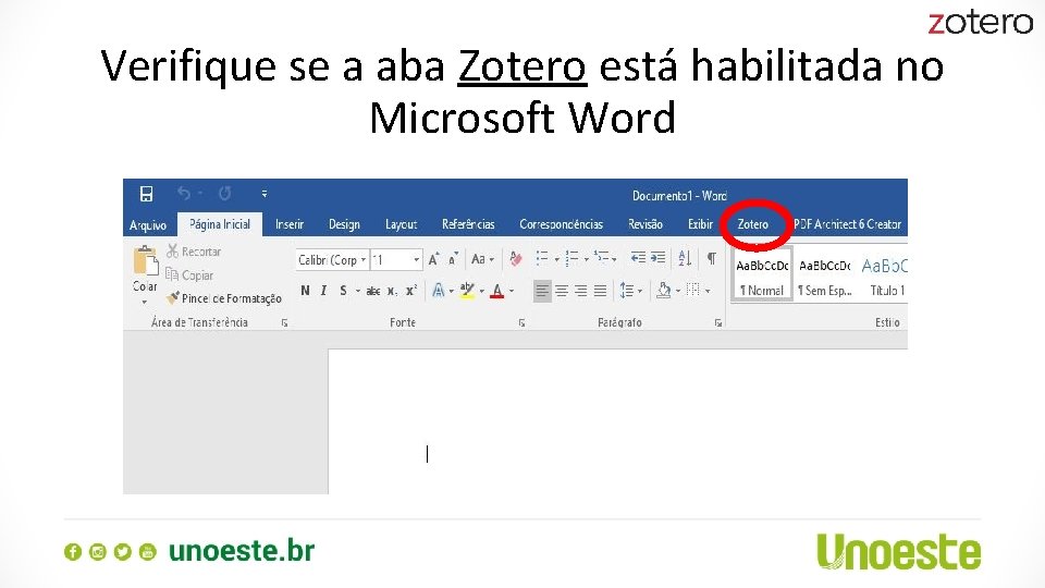 Verifique se a aba Zotero está habilitada no Microsoft Word 