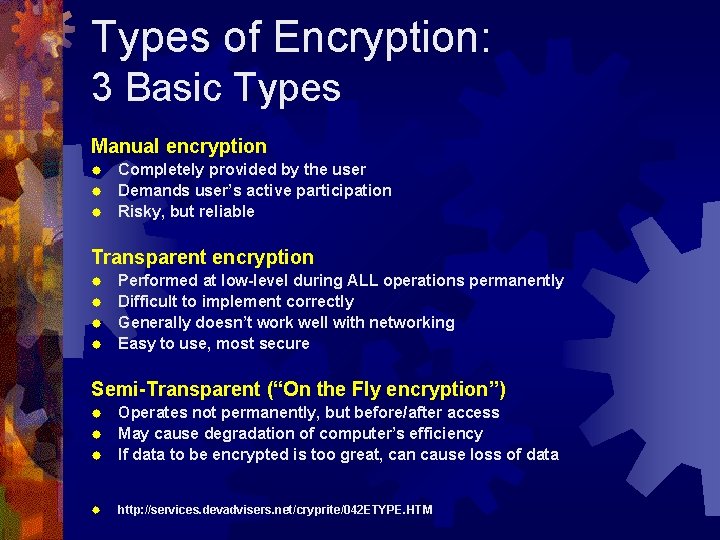 Types of Encryption: 3 Basic Types Manual encryption Completely provided by the user ®