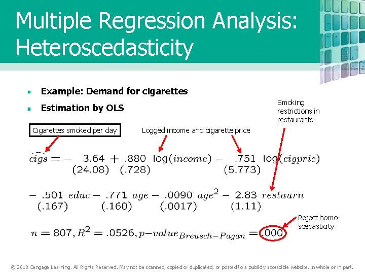 Multiple Regression Analysis: Heteroscedasticity Example: Demand for cigarettes Smoking restrictions in restaurants Estimation by