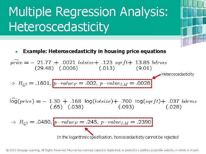 Multiple Regression Analysis: Heteroscedasticity Example: Heteroscedasticity in housing price equations Heteroscedasticity In the logarithmic