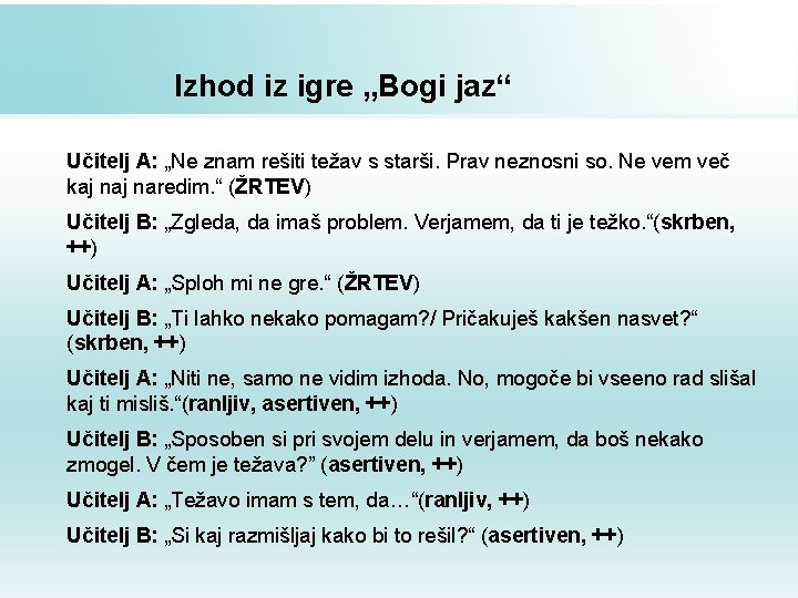 Izhod iz igre „Bogi jaz“ Učitelj A: „Ne znam rešiti težav s starši. Prav