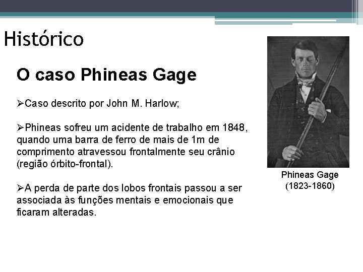 Histórico O caso Phineas Gage ØCaso descrito por John M. Harlow; ØPhineas sofreu um