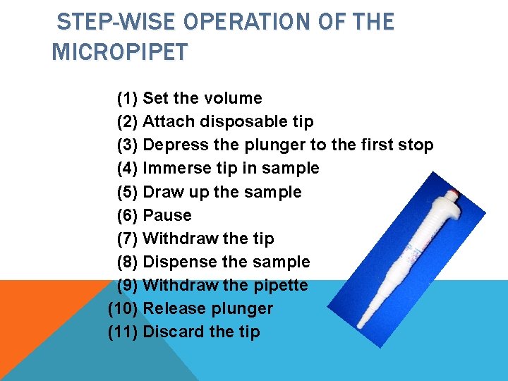 STEP-WISE OPERATION OF THE MICROPIPET (1) Set the volume (2) Attach disposable tip (3)