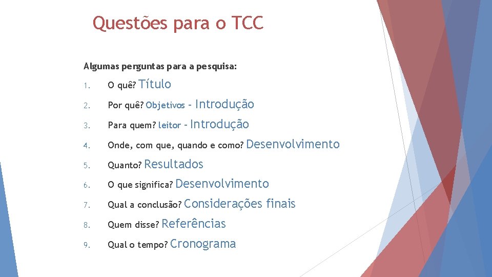 Questões para o TCC Algumas perguntas para a pesquisa: Título 1. O quê? 2.