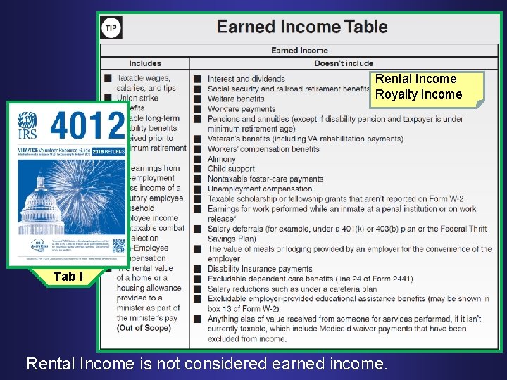 Rental Income Royalty Income Tab. BI Tab Rental Income is not considered earned income.