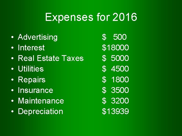 Expenses for 2016 • • Advertising Interest Real Estate Taxes Utilities Repairs Insurance Maintenance