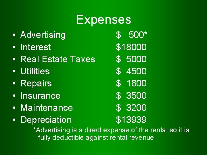 Expenses • • Advertising Interest Real Estate Taxes Utilities Repairs Insurance Maintenance Depreciation $