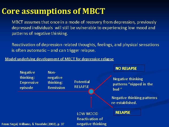 Core assumptions of MBCT assumes that once in a mode of recovery from depression,