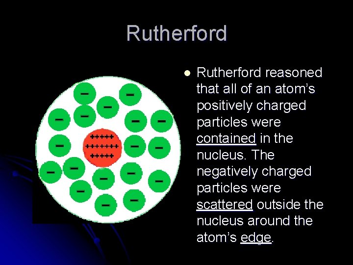 Rutherford l Rutherford reasoned that all of an atom’s positively charged particles were contained