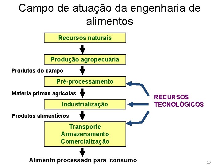 Campo de atuação da engenharia de alimentos Recursos naturais Produção agropecuária Produtos do campo