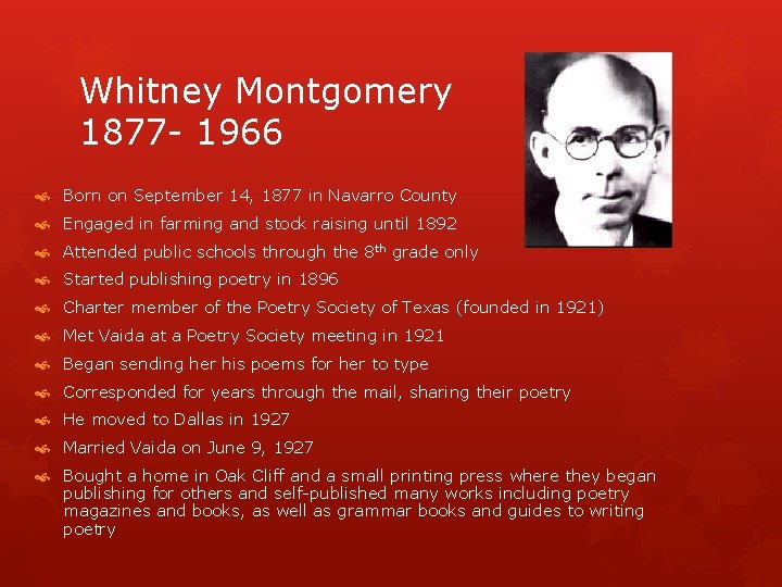 Whitney Montgomery 1877 - 1966 Born on September 14, 1877 in Navarro County Engaged Whitney Montgomery 1877 - 1966 Born on September 14, 1877 in Navarro County Engaged