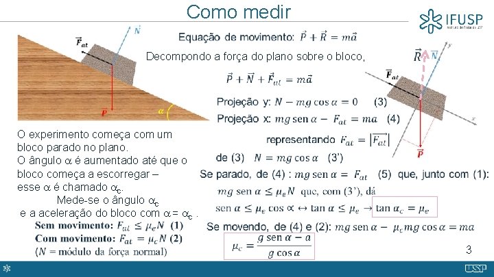 Como medir Decompondo a força do plano sobre o bloco, O experimento começa com
