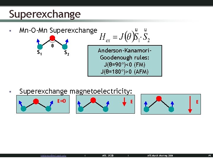 Superexchange § Mn-O-Mn Superexchange θ S 1 § Anderson-Kanamori. Goodenough rules: J(θ=90º)<0 (FM) J(θ=180º)>0