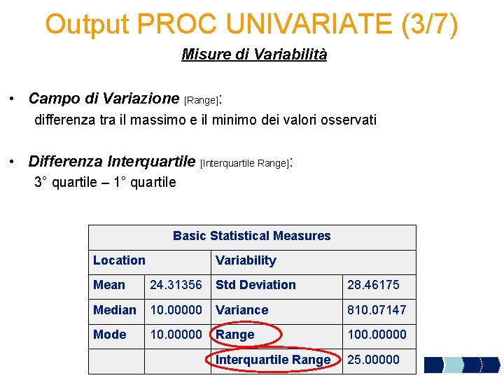 Output PROC UNIVARIATE (3/7) Misure di Variabilità • Campo di Variazione [Range]: differenza tra