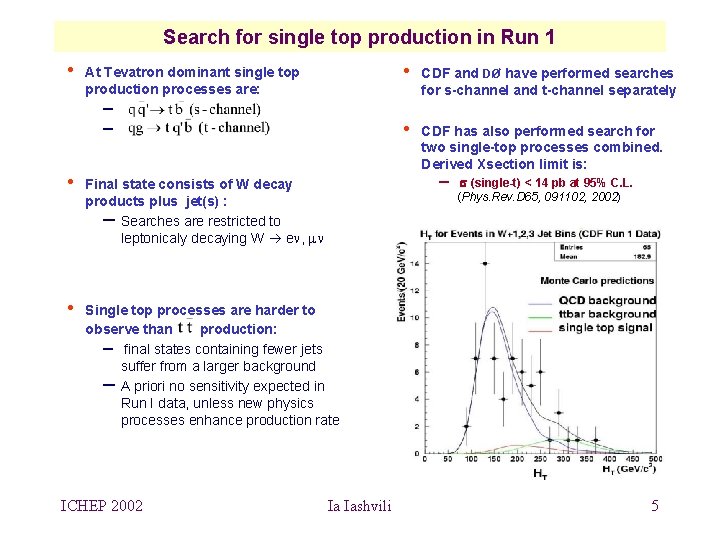 Search for single top production in Run 1 • At Tevatron dominant single top