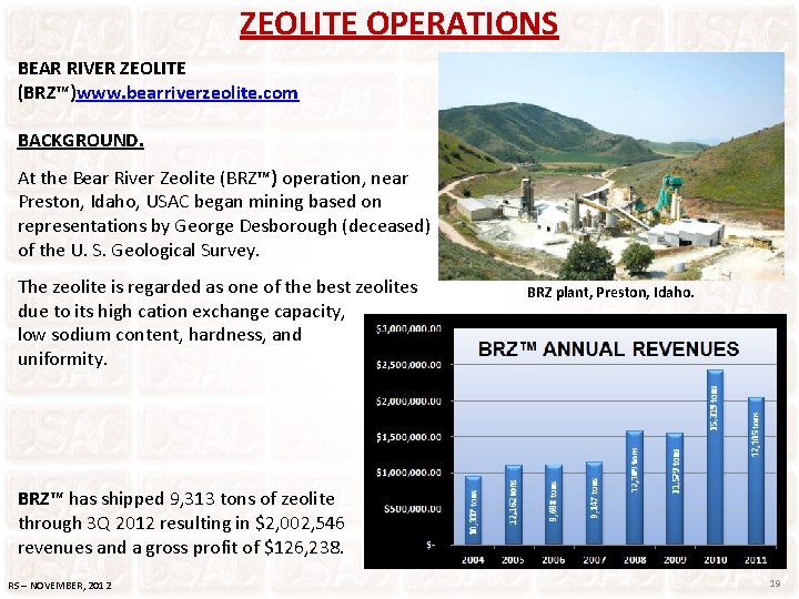 ZEOLITE OPERATIONS BEAR RIVER ZEOLITE (BRZ™)www. bearriverzeolite. com BACKGROUND. At the Bear River Zeolite