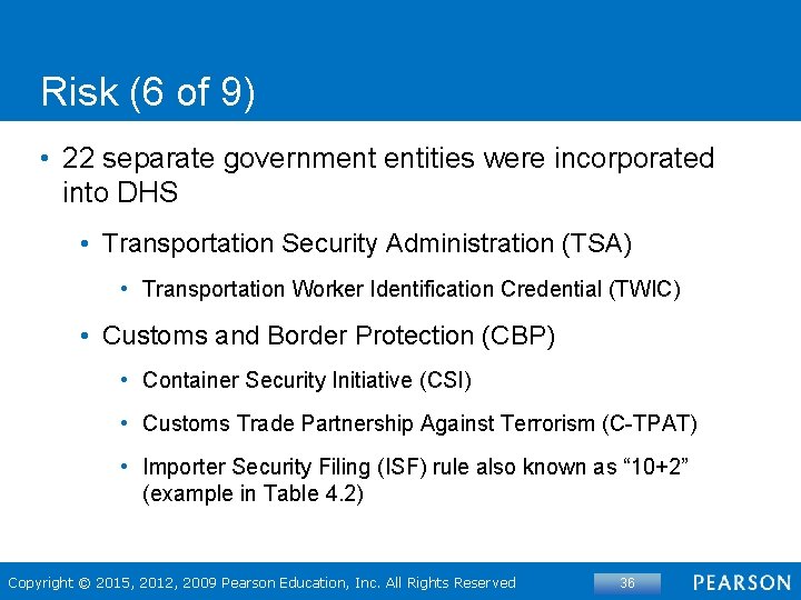 Risk (6 of 9) • 22 separate government entities were incorporated into DHS •
