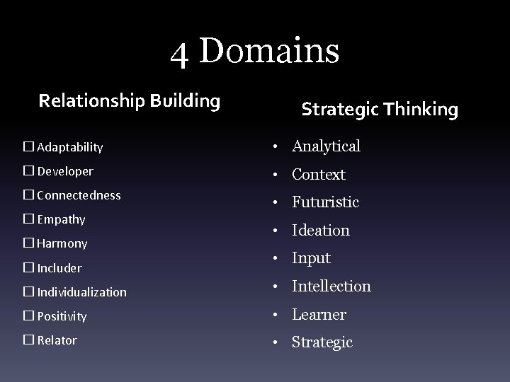 4 Domains Relationship Building Strategic Thinking � Adaptability • Analytical � Developer • Context