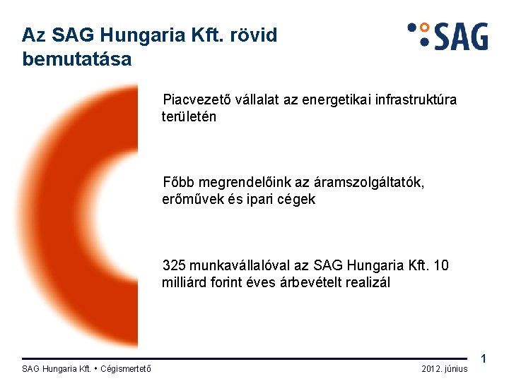 Az SAG Hungaria Kft. rövid bemutatása Piacvezető vállalat az energetikai infrastruktúra területén Főbb megrendelőink