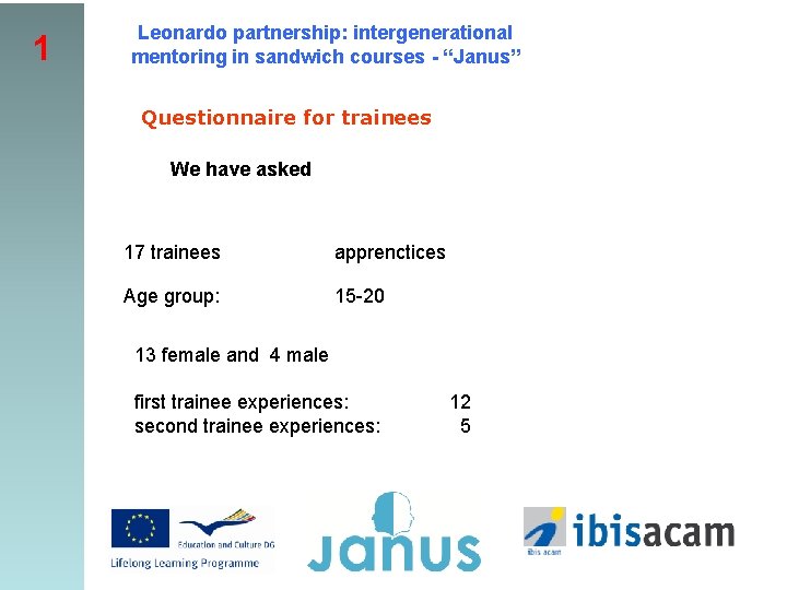 1 Leonardo partnership: intergenerational mentoring in sandwich courses - “Janus” Questionnaire for trainees We