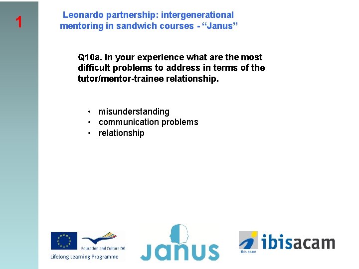 1 Leonardo partnership: intergenerational mentoring in sandwich courses - “Janus” Q 10 a. In