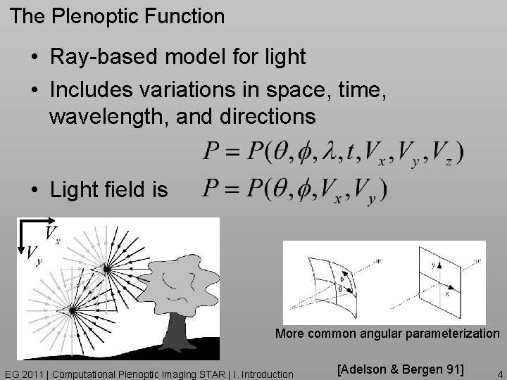 The Plenoptic Function • Ray-based model for light • Includes variations in space, time,