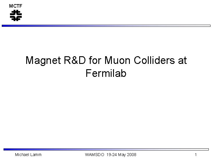 MCTF Magnet R&D for Muon Colliders at Fermilab Michael Lamm WAMSDO 19 -24 May
