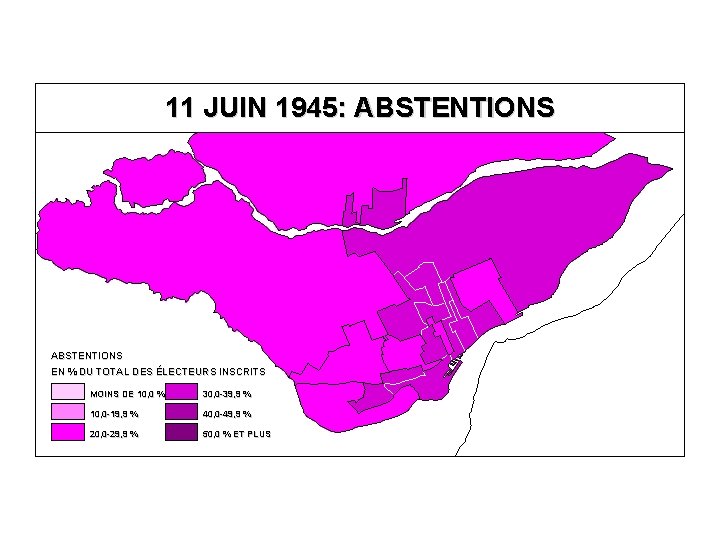 11 JUIN 1945: ABSTENTIONS EN % DU TOTAL DES ÉLECTEURS INSCRITS MOINS DE 10,