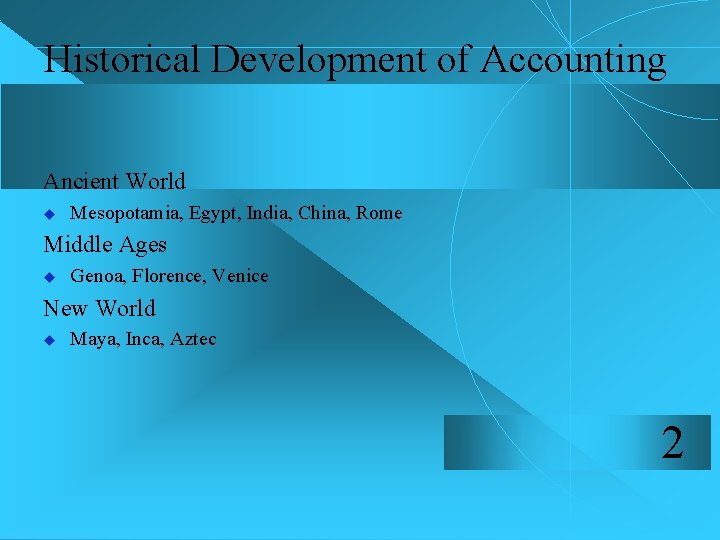 Historical Development of Accounting Ancient World u Mesopotamia, Egypt, India, China, Rome Middle Ages