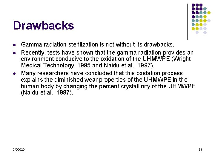 Drawbacks l l l Gamma radiation sterilization is not without its drawbacks. Recently, tests