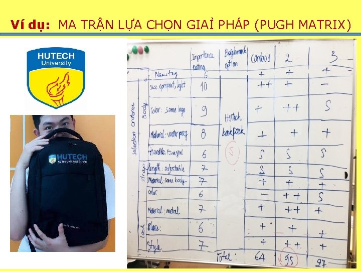 Ví dụ: MA TRẬN LỰA CHỌN GIAỈ PHÁP (PUGH MATRIX) 
