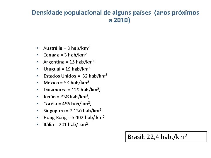 Densidade populacional de alguns países (anos próximos a 2010) • • • Austrália =