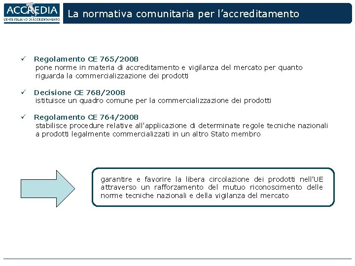 La normativa comunitaria per l’accreditamento ü Regolamento CE 765/2008 pone norme in materia di