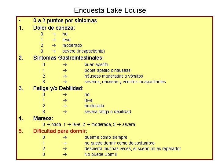 Encuesta Lake Louise • 1. 0 a 3 puntos por síntomas Dolor de cabeza: