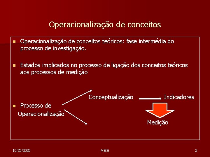 Operacionalização de conceitos n Operacionalização de conceitos teóricos: fase intermédia do processo de investigação.