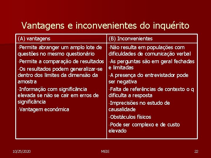 Vantagens e inconvenientes do inquérito (A) vantagens (B) Inconvenientes -Permite -Não abranger um amplo