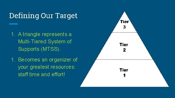 Defining Our Target 1. A triangle represents a Multi-Tiered System of Supports (MTSS). 1. Defining Our Target 1. A triangle represents a Multi-Tiered System of Supports (MTSS). 1.
