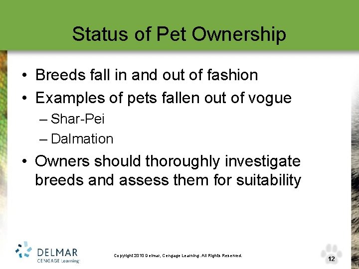 Status of Pet Ownership • Breeds fall in and out of fashion • Examples