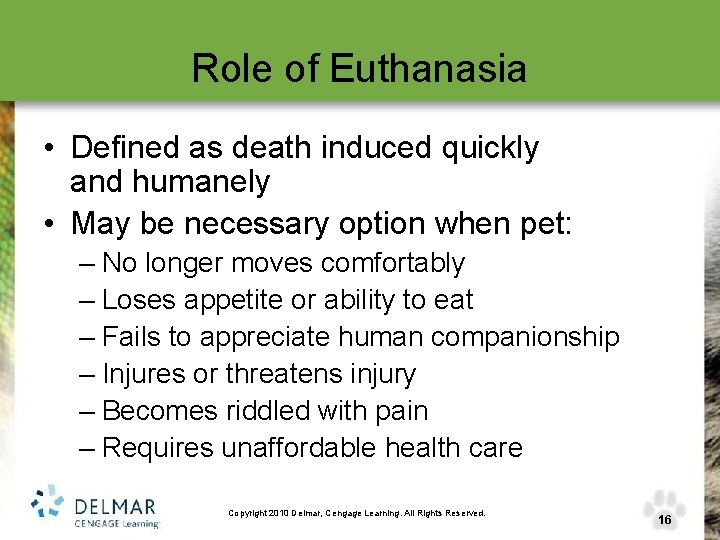 Role of Euthanasia • Defined as death induced quickly and humanely • May be