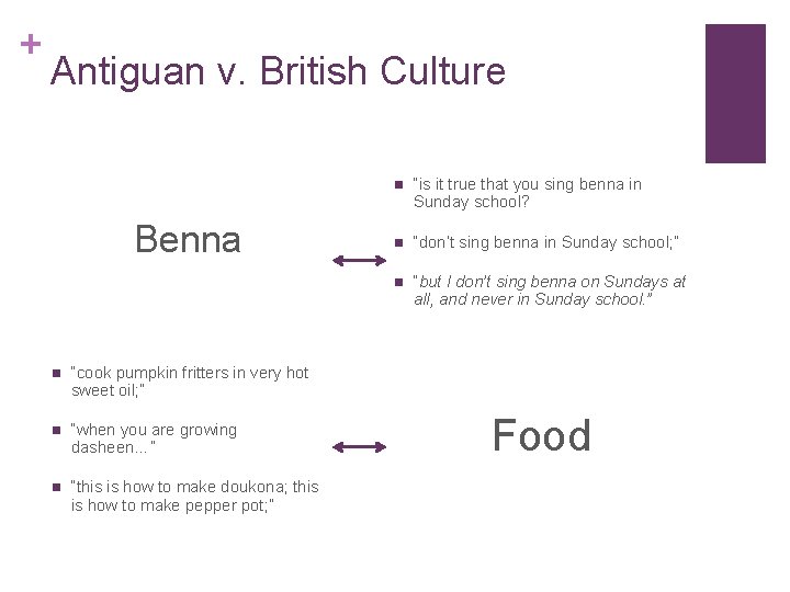 + Antiguan v. British Culture Benna n “cook pumpkin fritters in very hot sweet