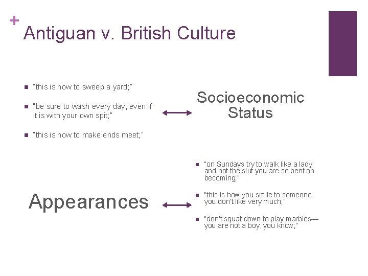 + Antiguan v. British Culture n “this is how to sweep a yard; ”