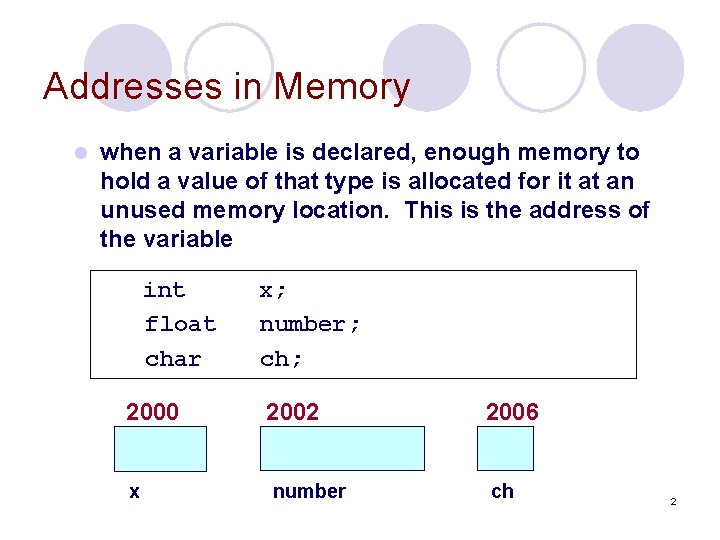 Addresses in Memory l when a variable is declared, enough memory to hold a