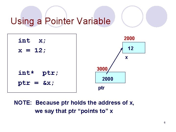 Using a Pointer Variable 2000 int x; x = 12; 12 x int* ptr;