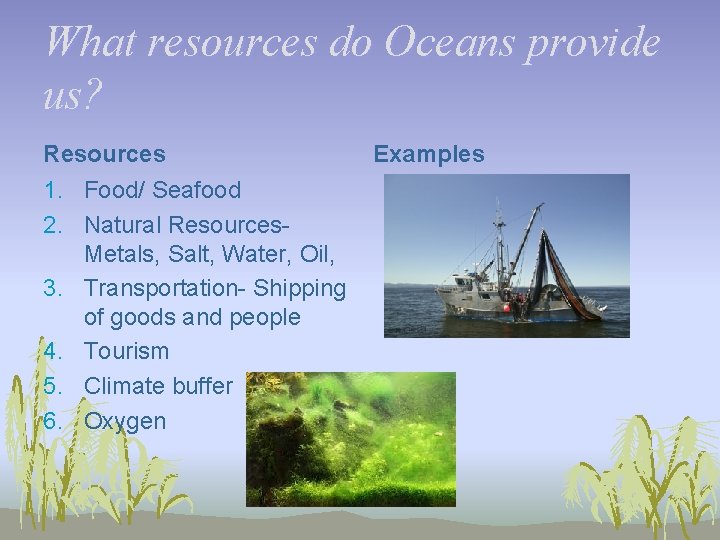 What resources do Oceans provide us? Resources 1. Food/ Seafood 2. Natural Resources. Metals,