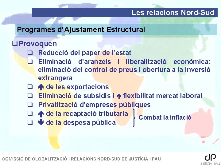 Les relacions Nord-Sud Programes d’Ajustament Estructural q. Provoquen q Reducció del paper de l’estat